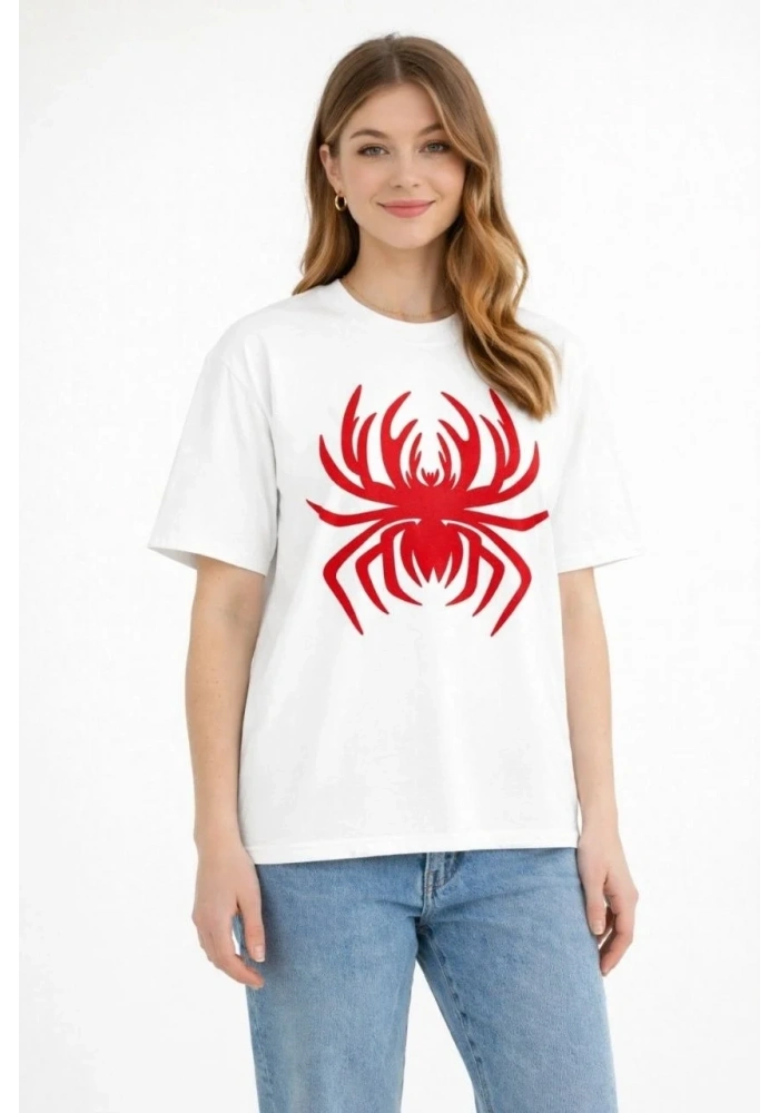 Kadın Örümcek Baskılı Tişört Kısa Kollu Bisiklet Yaka T-Shirt - Beyaz