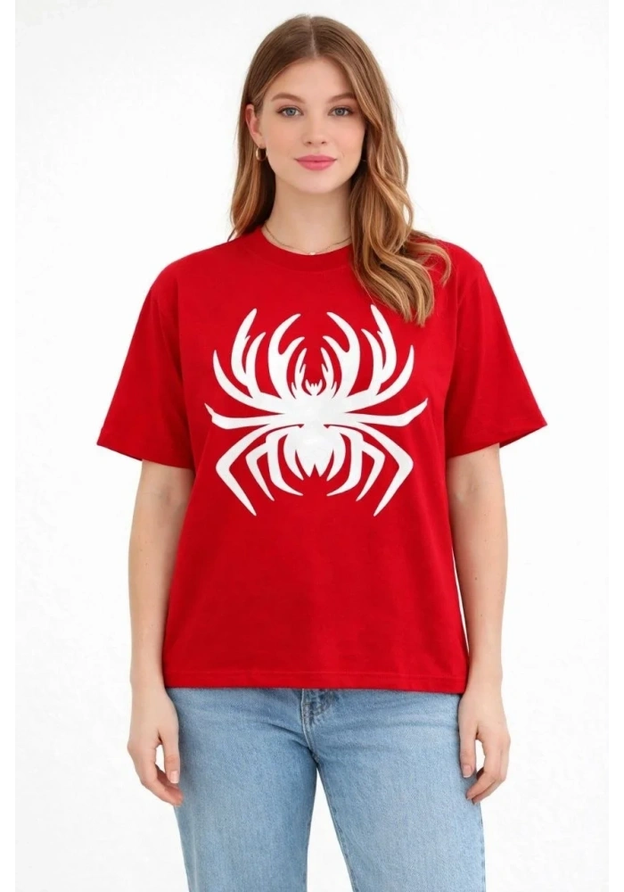 Kadın Örümcek Baskılı Tişört Kısa Kollu Bisiklet Yaka T-Shirt - Kırmızı