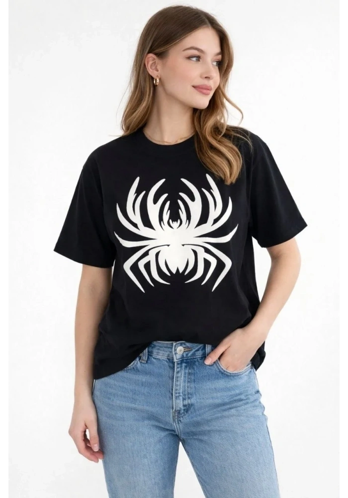 Kadın Örümcek Baskılı Tişört Kısa Kollu Bisiklet Yaka T-Shirt - Siyah