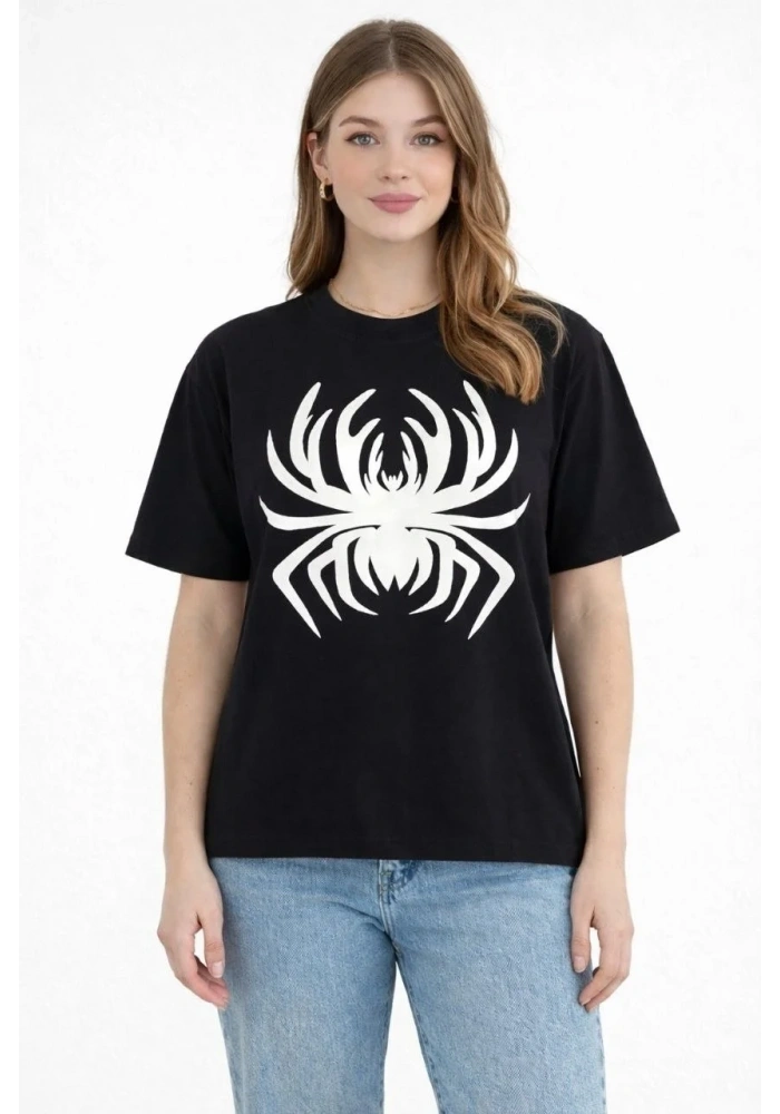 Kadın Örümcek Baskılı Tişört Kısa Kollu Bisiklet Yaka T-Shirt - Siyah