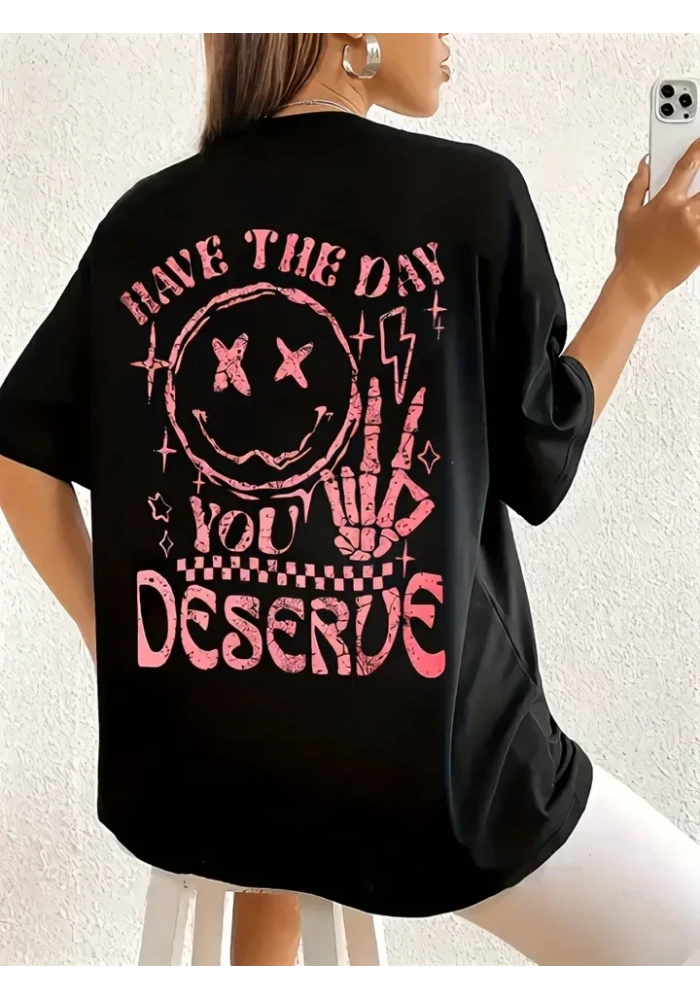 Kadın Kısa Kol Yazlık Tişört Bisiklet Yaka Baskılı Oversize T-Shirt - Siyah