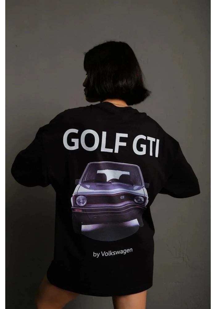 Kadın Oversize Baskılı Tişört Golf GTI Retro Araba Desenli Ön Arka Dijital Baskı - Siyah