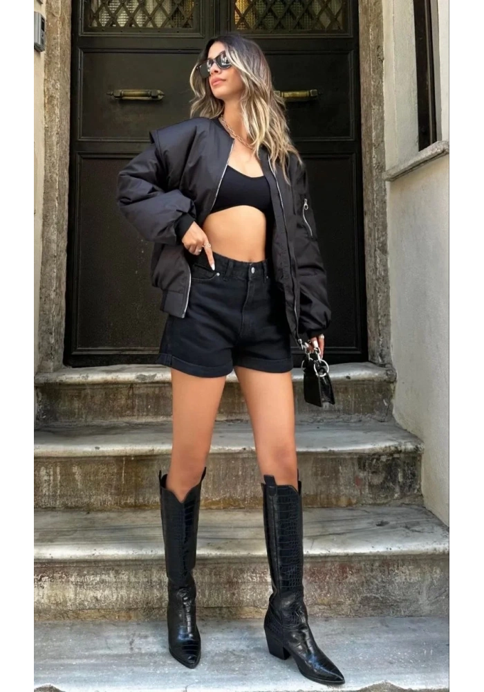Kadın Oversize Bomber Ceket – Siyah, Fermuarlı, Sokak Modası Tarzı Mont - Siyah