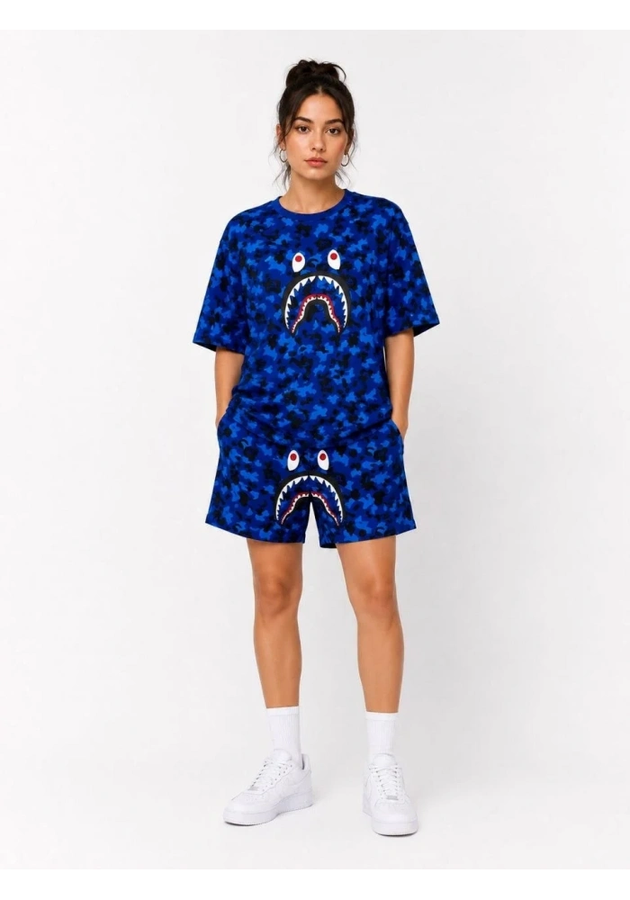 Kadın Oversize Kalıp Pubg Bape X Shark Nakışlı Cepli Şort Takım - Mavi