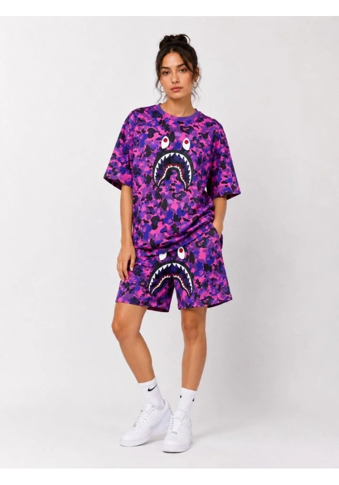 Kadın Oversize Kalıp Pubg Bape X Shark Nakışlı Cepli Şort Takım - Mor