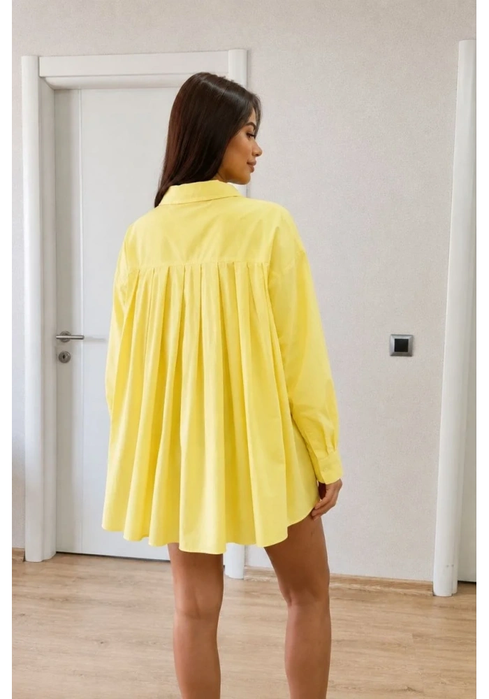 Kadın Oversize Pens Detaylı Cepli Yırtmaçlı Rahat Kalıp Poplin Gömlek - Sarı