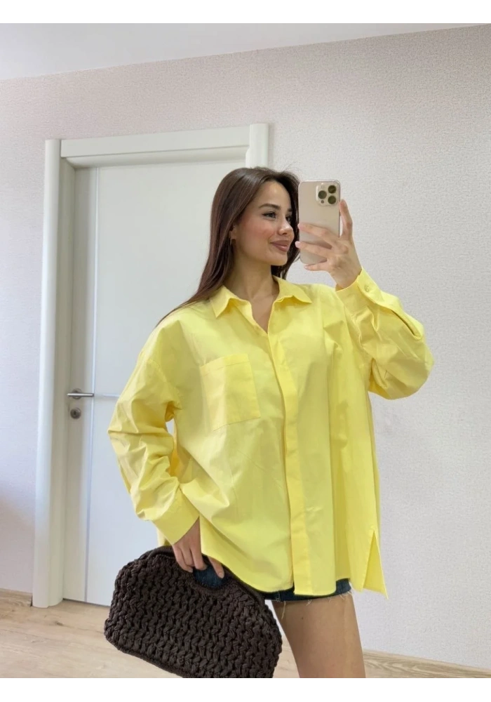 Kadın Oversize Pens Detaylı Cepli Yırtmaçlı Rahat Kalıp Poplin Gömlek - Sarı