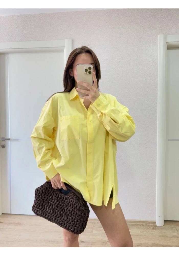 Kadın Oversize Pens Detaylı Cepli Yırtmaçlı Rahat Kalıp Poplin Gömlek - Sarı