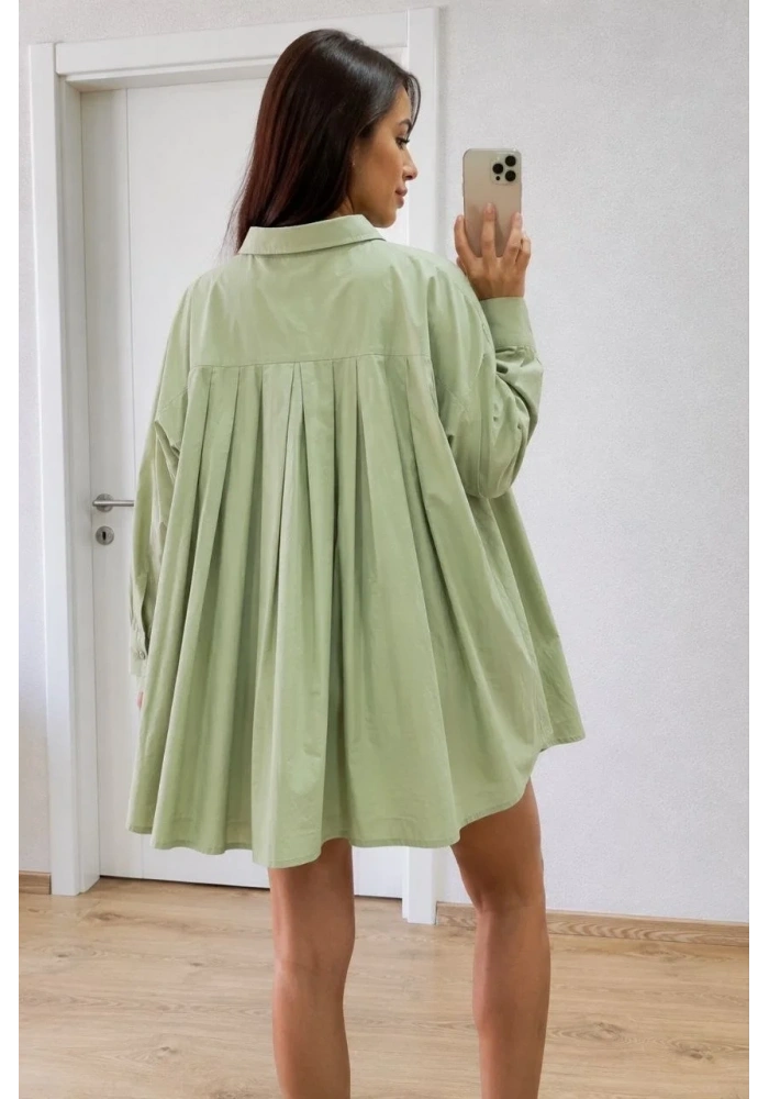 Kadın Oversize Pens Detaylı Cepli Yırtmaçlı Rahat Kalıp Poplin Gömlek - Yeşil