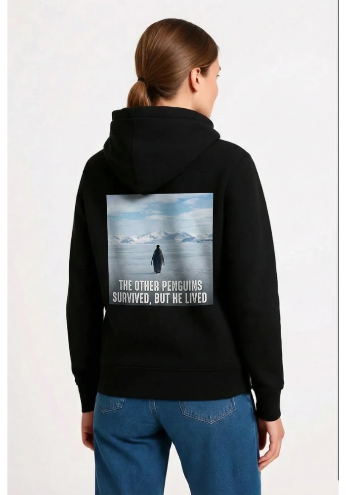 Kadın 3 İplik Pamuklu Kapüşonlu Hoodie Sweatshirt Survivor Penguen Baskılı - Siyah