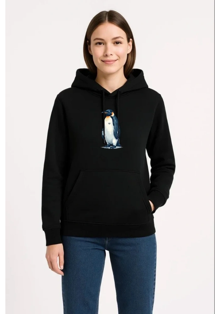 Kadın 3 İplik Pamuklu Kapüşonlu Hoodie Sweatshirt Survivor Penguen Baskılı - Siyah