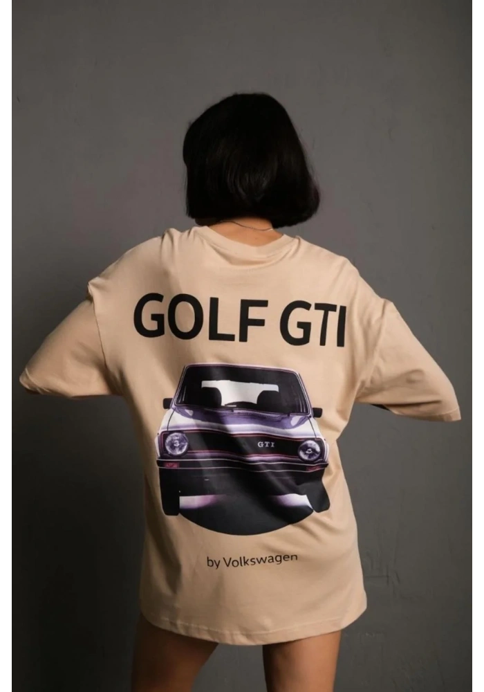 Kadın Oversize Tişört Golf GTI Retro Araba Baskılı T-shirt - Bej