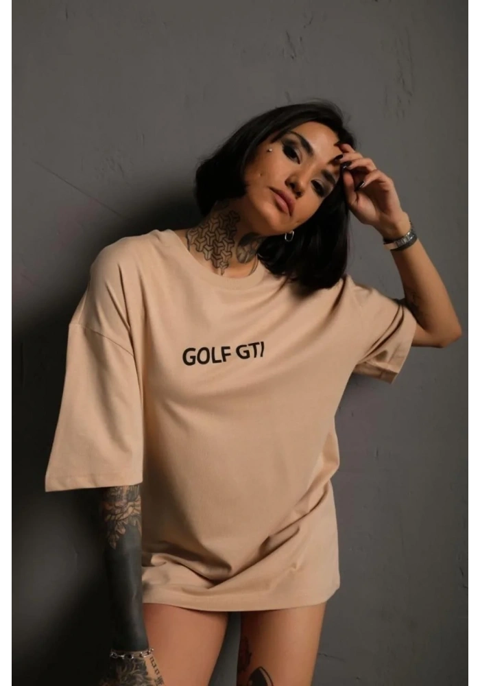 Kadın Oversize Tişört Golf GTI Retro Araba Baskılı T-shirt - Bej