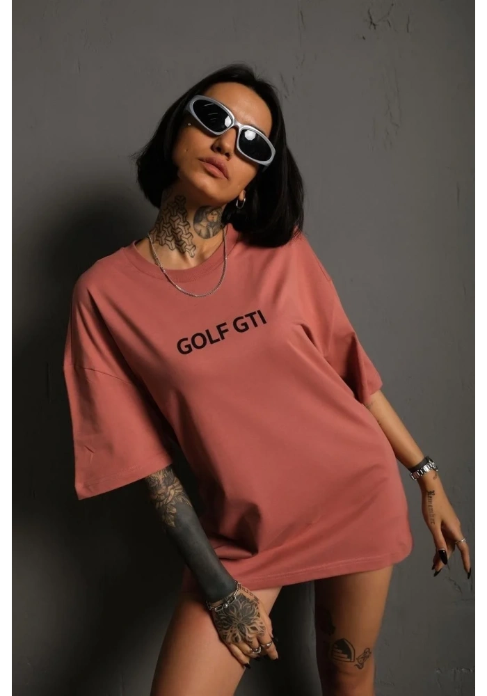 Kadın Oversize Tişört Golf GTI Retro Araba Baskılı T-shirt  - Gül Kurusu