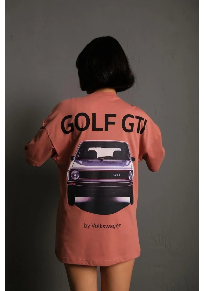 Kadın Oversize Tişört Golf GTI Retro Araba Baskılı T-shirt  - Gül Kurusu
