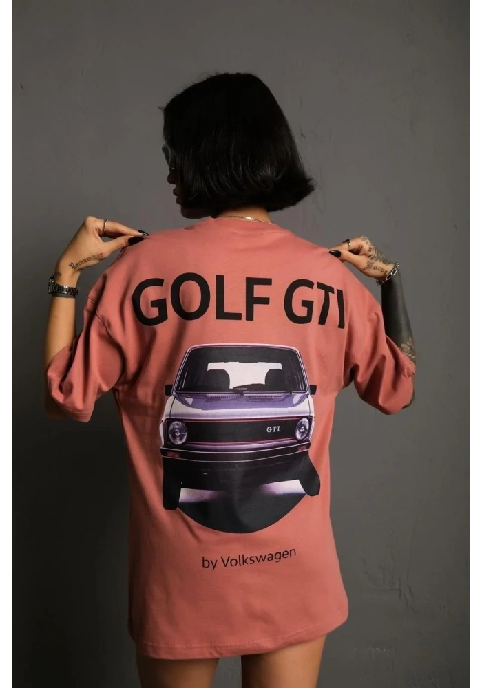 Kadın Oversize Tişört Golf GTI Retro Araba Baskılı T-shirt  - Gül Kurusu