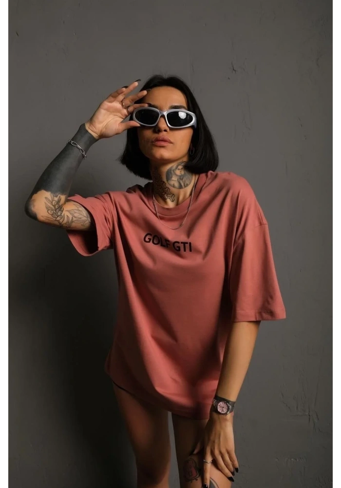 Kadın Oversize Tişört Golf GTI Retro Araba Baskılı T-shirt  - Gül Kurusu