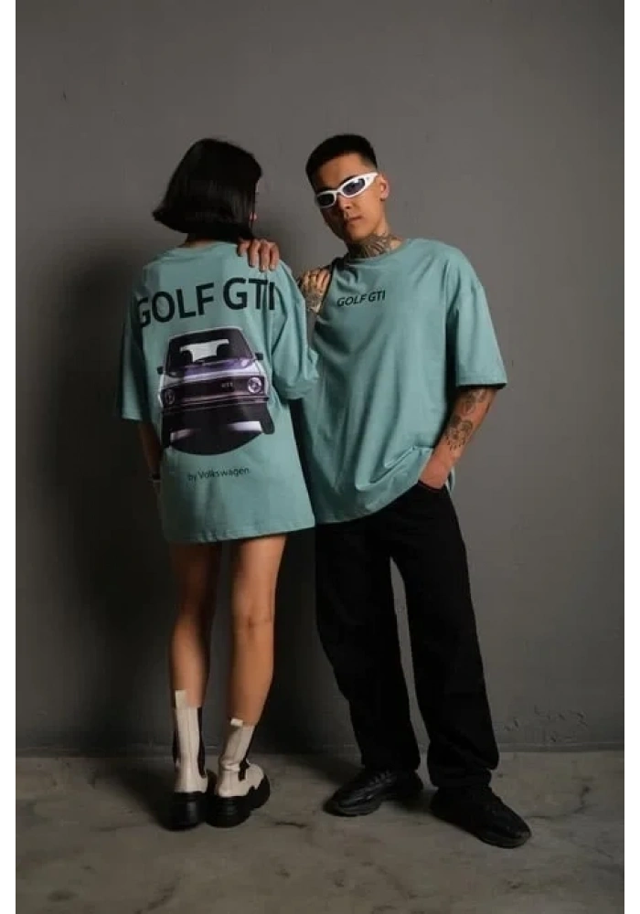 Kadın Oversize Tişört Golf GTI Retro Araba Baskılı T-shirt- Mint Yeşili