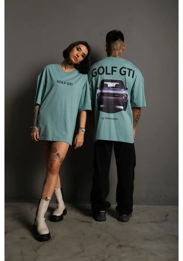 Kadın Oversize Tişört Golf GTI Retro Araba Baskılı T-shirt- Mint Yeşili
