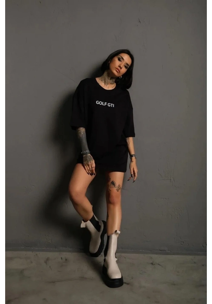 Kadın Oversize Tişört Golf GTI Retro Araba Baskılı T-shirt- Siyah