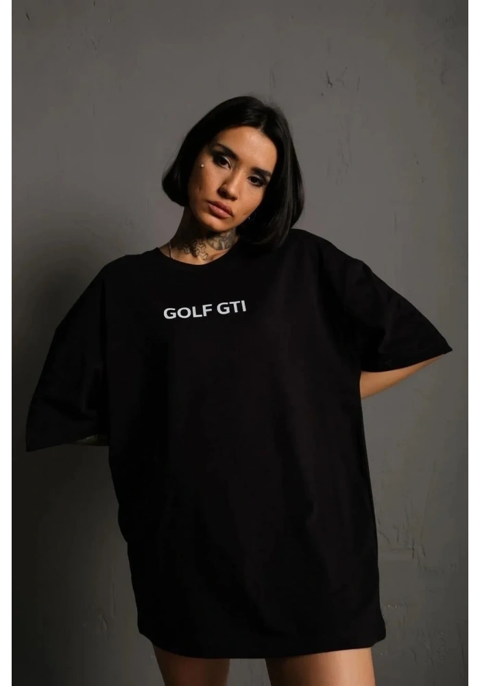 Kadın Oversize Tişört Golf GTI Retro Araba Baskılı T-shirt- Siyah