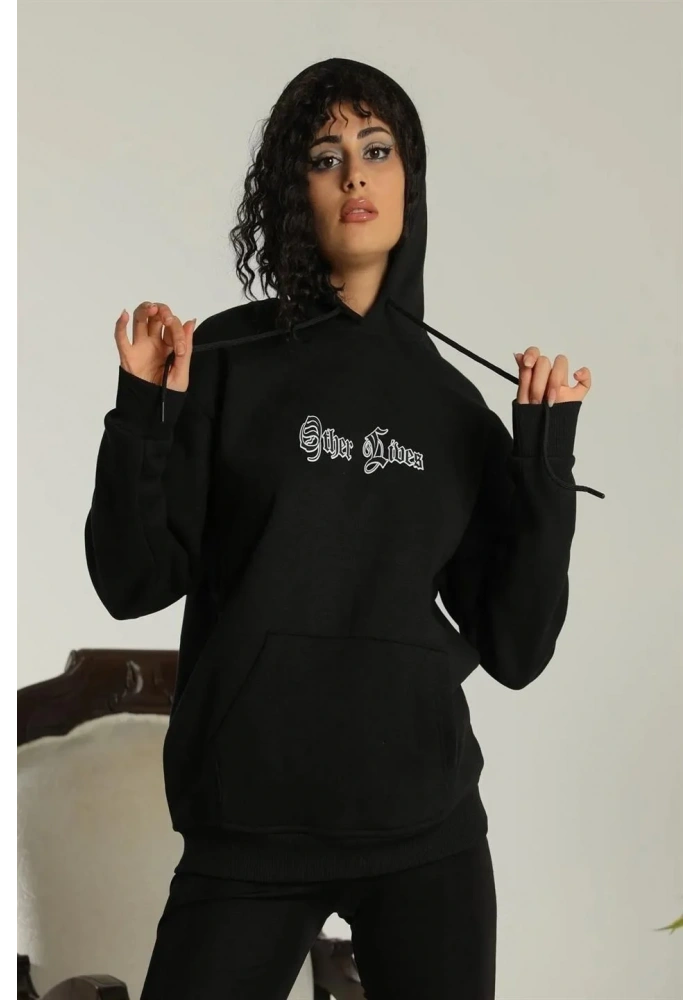 Kadın Oversize Üç İplik Kapüşonlu Sweatshirt Siyah Other Lives Ön ve Arka Baskılı Şardonlu