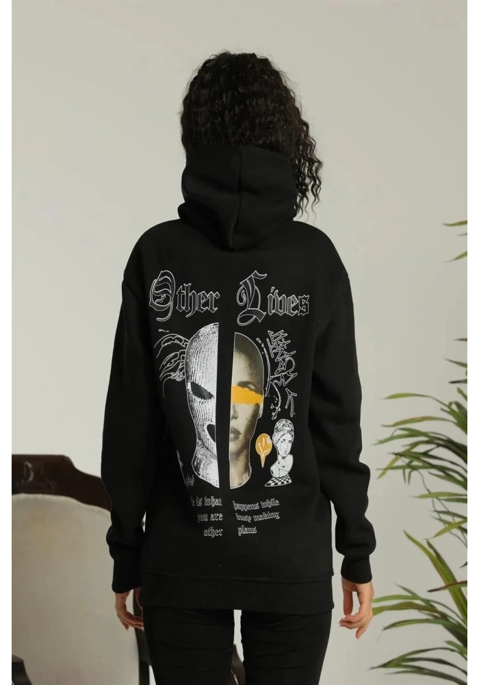 Kadın Oversize Üç İplik Kapüşonlu Sweatshirt Siyah Other Lives Ön ve Arka Baskılı Şardonlu