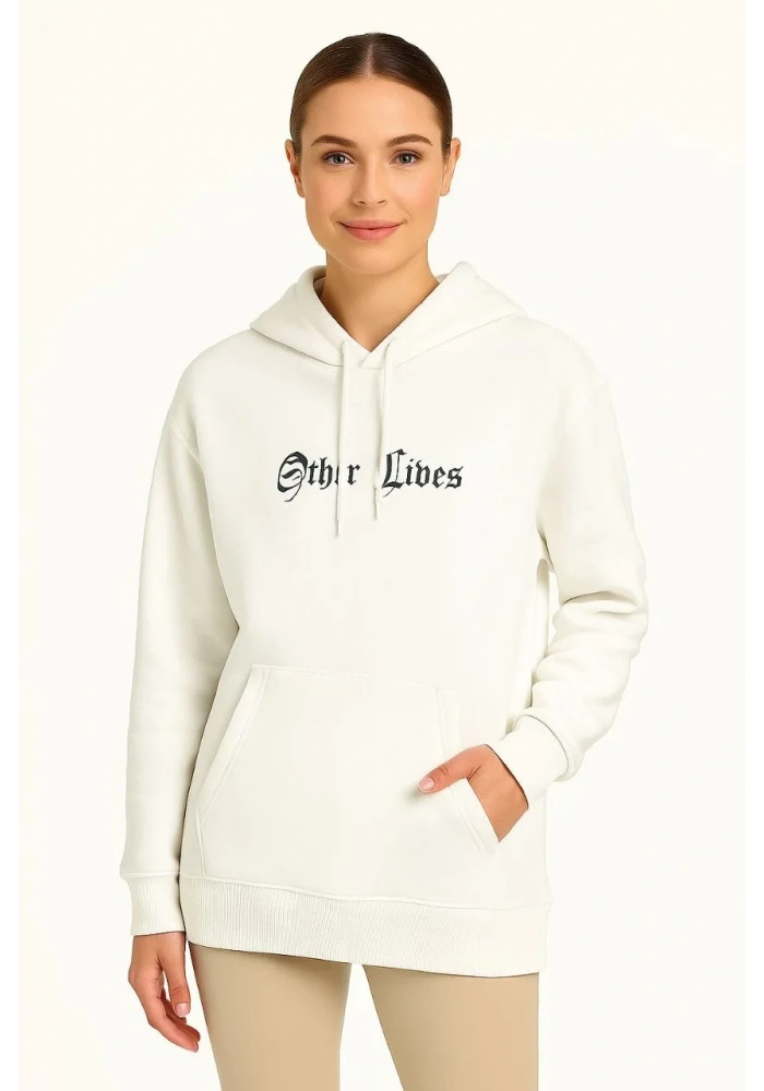Kadın Oversize Üç İplik Şardonlu Kapüşonlu Sweatshirt Beyaz Other Lives Ön ve Arka Baskılı