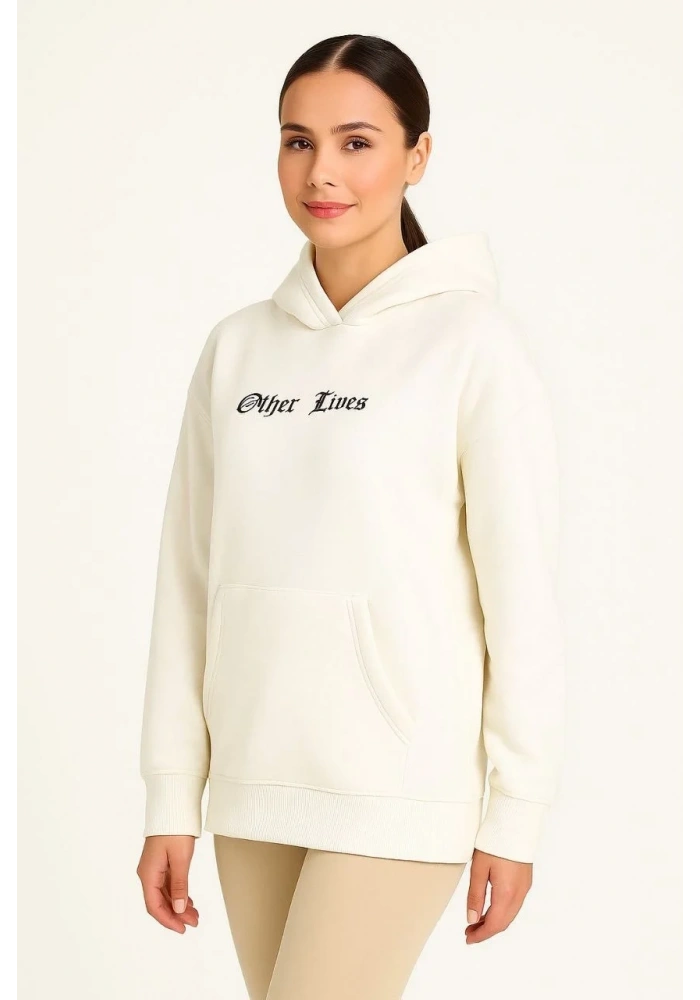 Kadın Kapüşonlu Kanguru Cepli Sweatshirt 3 İplik Pamuklu Baskılı Hoodie - Beyaz