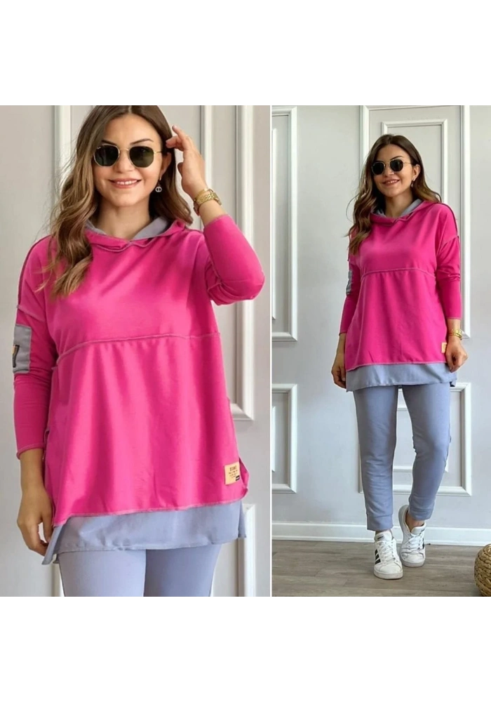 Kadın Pembe Kapşonlu Etek Ucu Detay Arma Ters Dikiş Gorunumlu Ikili Takım