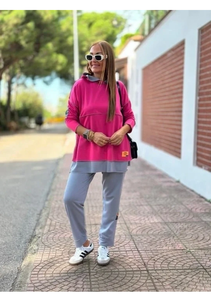 Kadın Pembe Kapşonlu Etek Ucu Detay Arma Ters Dikiş Gorunumlu Ikili Takım