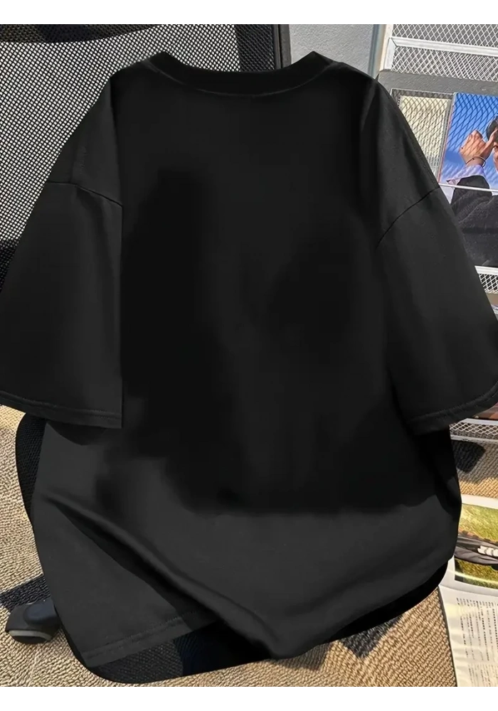Kadın Kısa Kol Yazlık Tişört Bisiklet Yaka Baskılı Oversize T-Shirt - Siyah