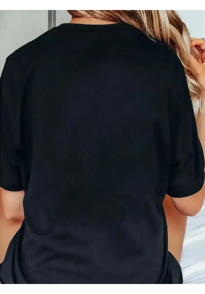 Kadın Kısa Kol Yazlık Tişört Bisiklet Yaka Baskılı Oversize T-Shirt - Siyah