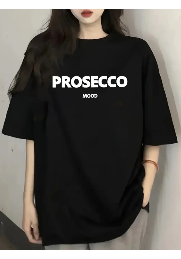 Kadın Kısa Kol Yazlık Tişört Bisiklet Yaka Baskılı Oversize T-Shirt - Siyah
