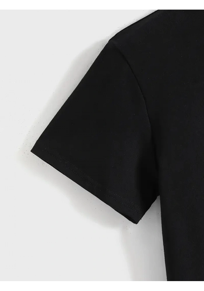 Kadın Baskılı Tişört Kısa Kol Bisiklet Yaka T-shirt - Siyah