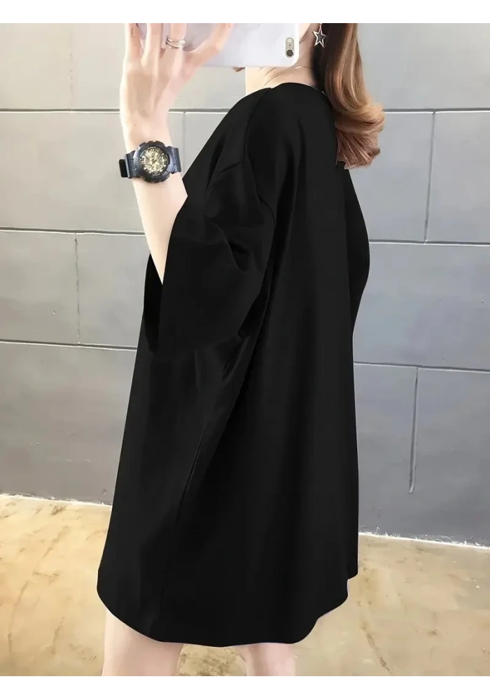 Kadın Tişört Penye Compack Baskılı Oversize Bisiklet Yaka T-shirt - Siyah