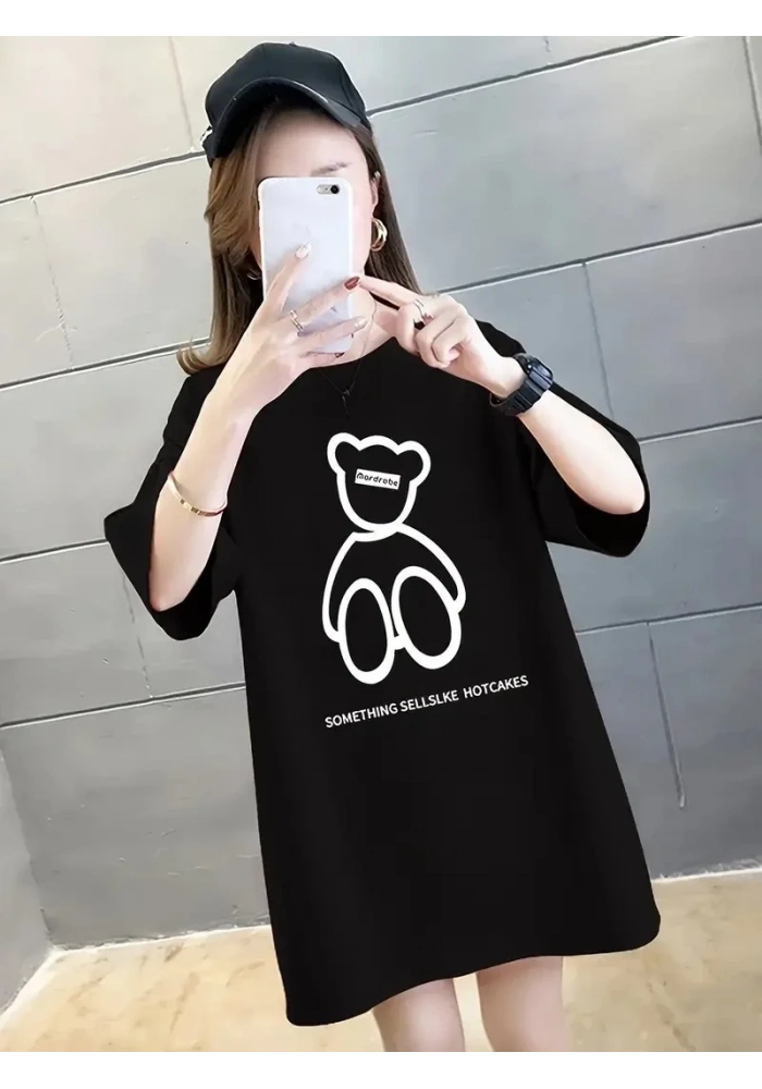 Kadın Tişört Penye Compack Baskılı Oversize Bisiklet Yaka T-shirt - Siyah