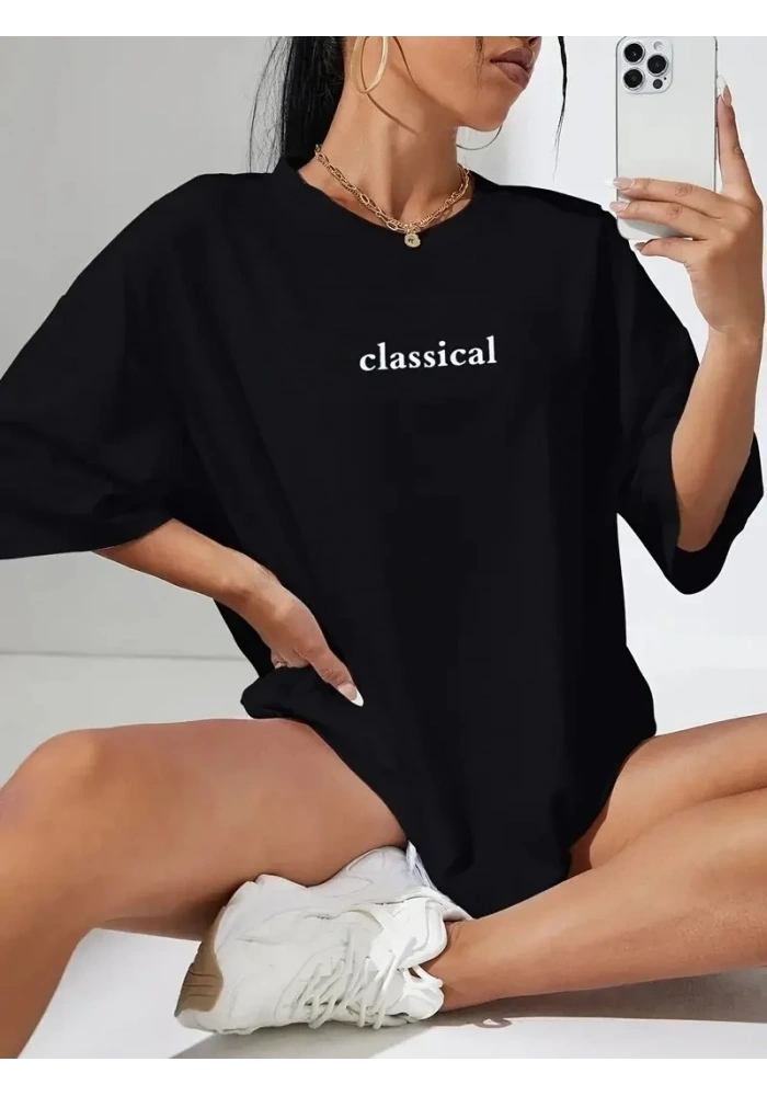 Kadın T-shirt Penye Compack Classical Baskılı Kısa kol Tişört - Siyah