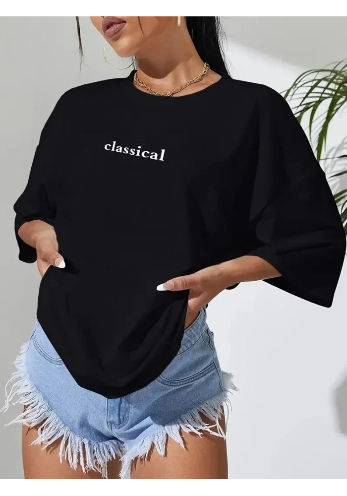 Kadın T-shirt Penye Compack Classical Baskılı Kısa kol Tişört - Siyah
