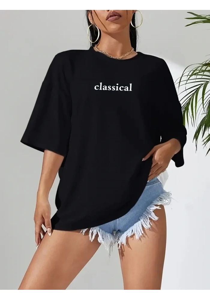 Kadın T-shirt Penye Compack Classical Baskılı Kısa kol Tişört - Siyah