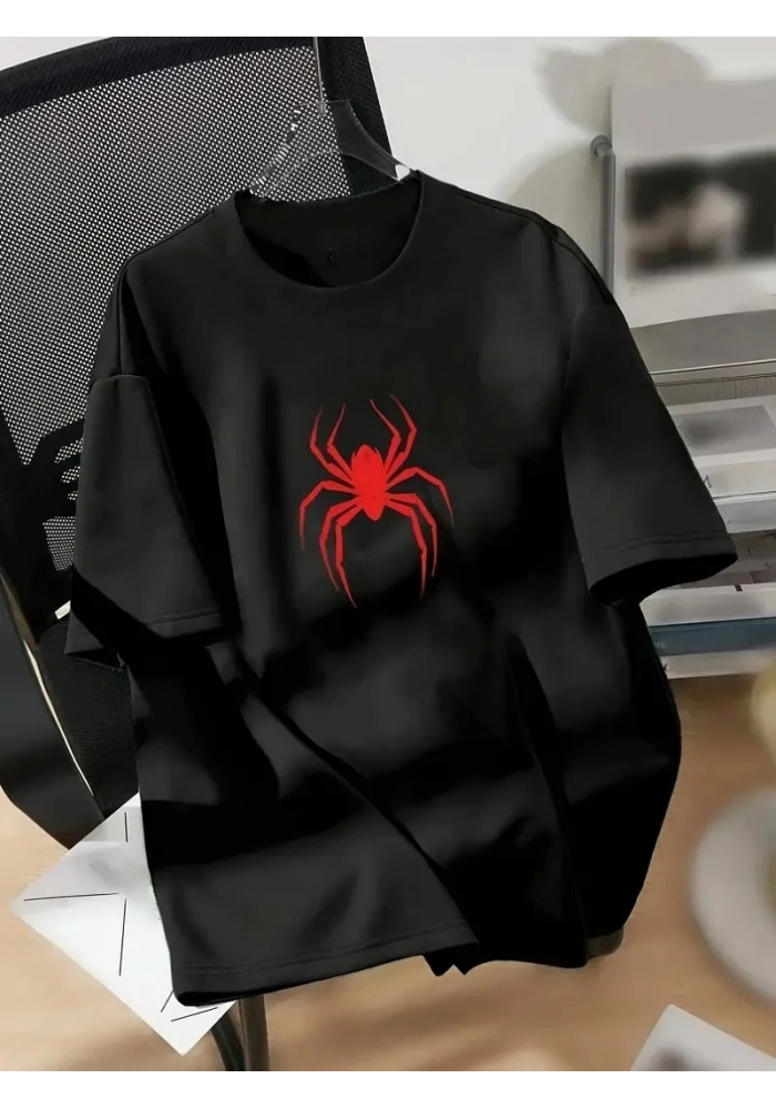 Kadın Kısa Kol Yazlık Tişört Bisiklet Yaka Spider Baskılı T-Shirt - Siyah