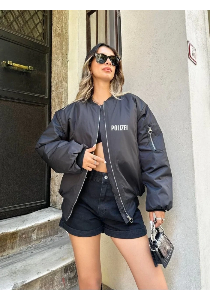 Kadın Polizei Bomber Mont Siyah Fermuarlı Cepli Kapitone Astarlı - Siyah