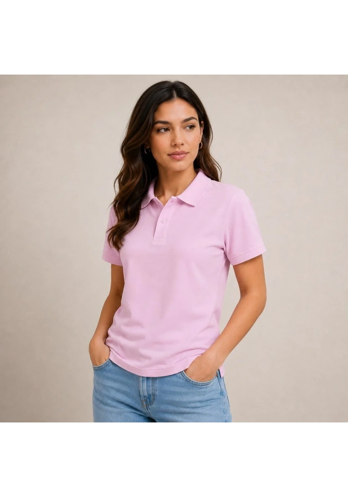 Kadın Polo Yaka Pike Kumaş Düğmeli Basic Tişört Günlük Rahat - Pembe