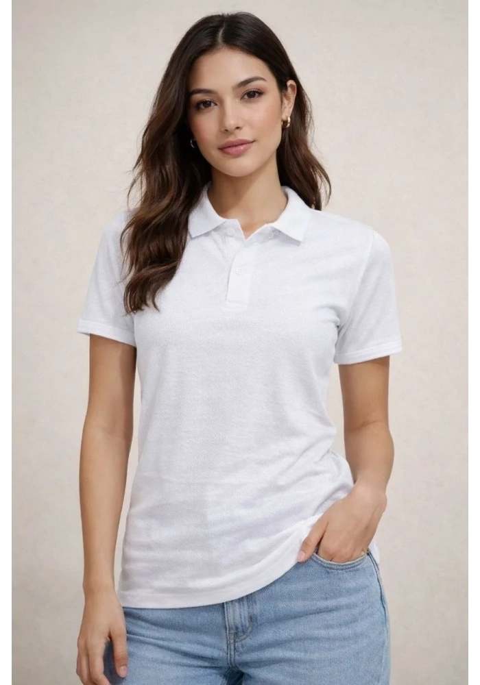 Kadın Polo Yaka Pike Kumaş Düğmeli Basic Tişört T-Shirt Günlük Rahat - Beyaz