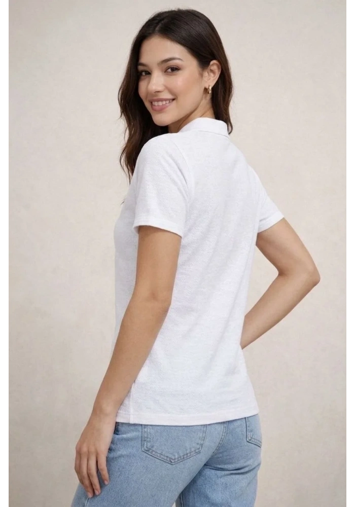 Kadın Polo Yaka Pike Kumaş Düğmeli Basic Tişört T-Shirt Günlük Rahat - Beyaz
