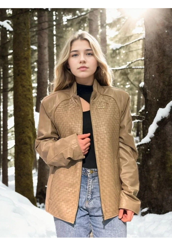 Kadın Premium Doğal Fileli Deri Ceket - Krem