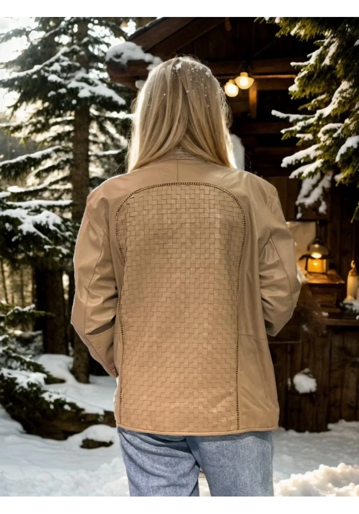 Kadın Premium Doğal Fileli Deri Ceket - Krem