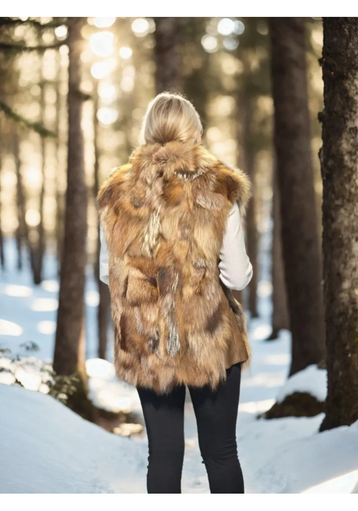 Kadın Premium Doğal Kolsuz Deri Kürk - Kahve