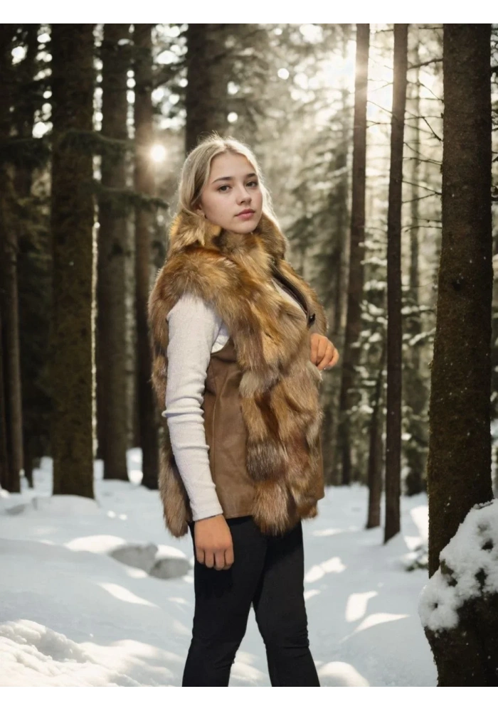 Kadın Premium Doğal Kolsuz Deri Kürk - Kahve