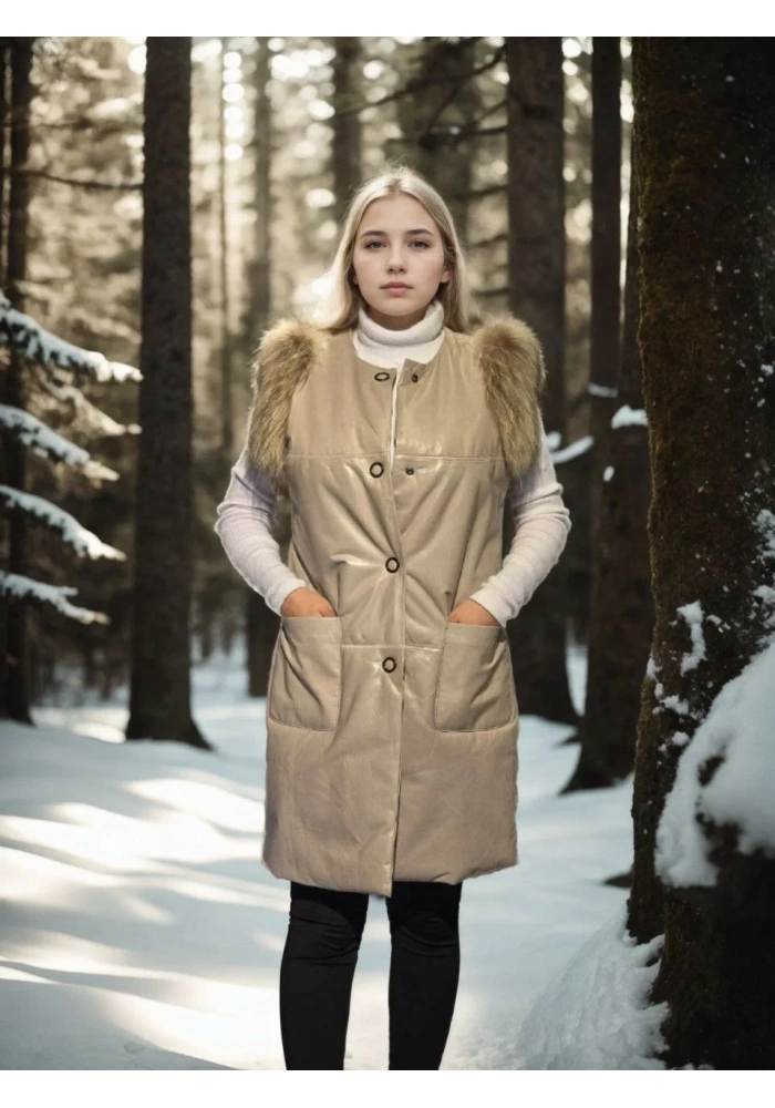 Kadın Premium Doğal Kolsuz Deri Kürk - Krem